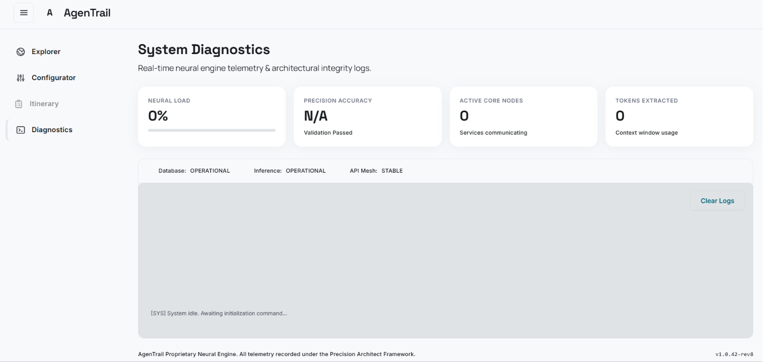 AgenTrail diagnostics dashboard with telemetry cards and system logs