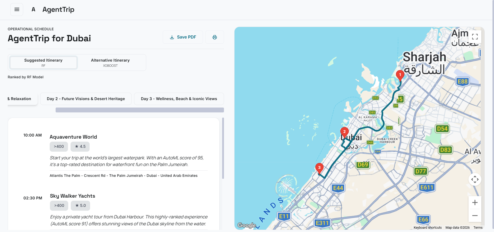 AgenTrail Dubai itinerary with ranked stops and Google map route