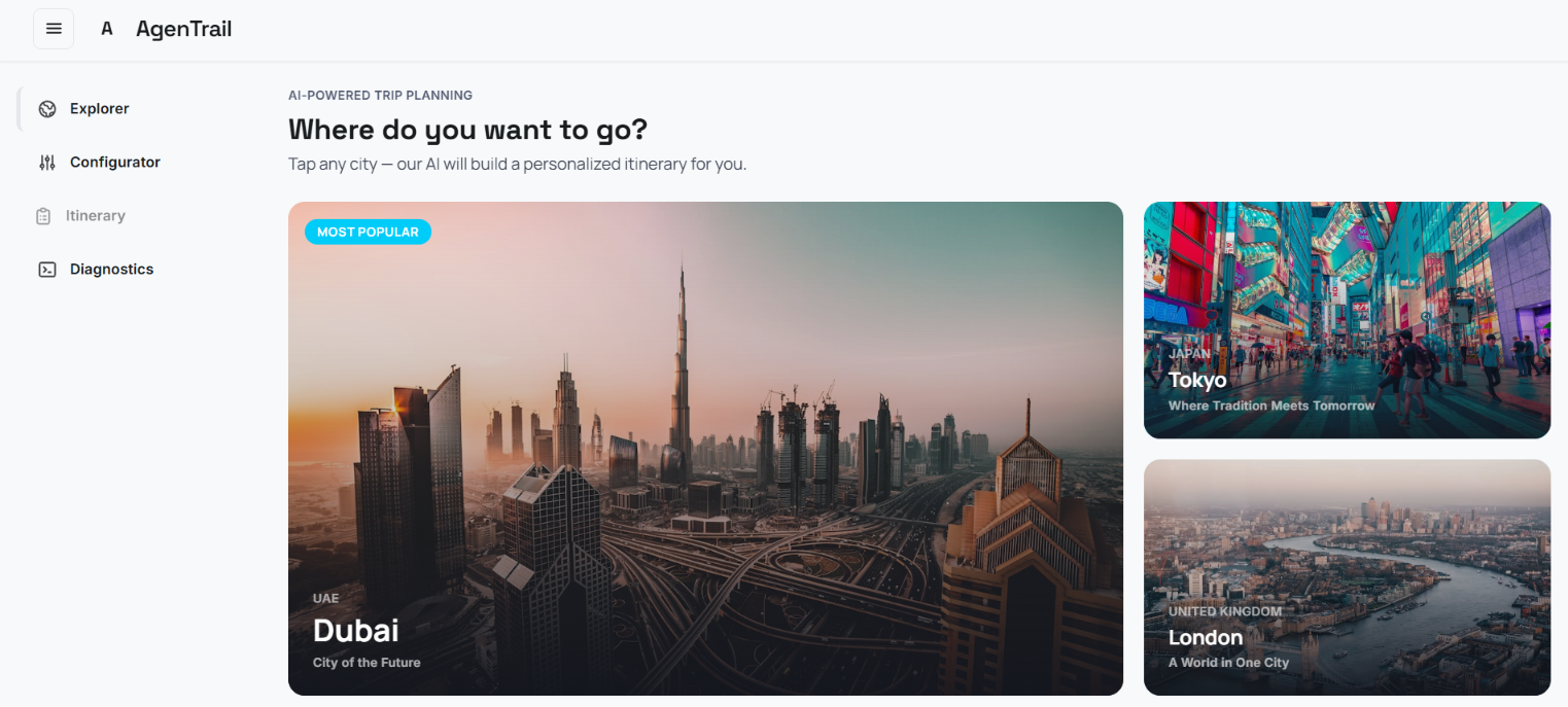 AgenTrail Explorer page showing the visual destination grid