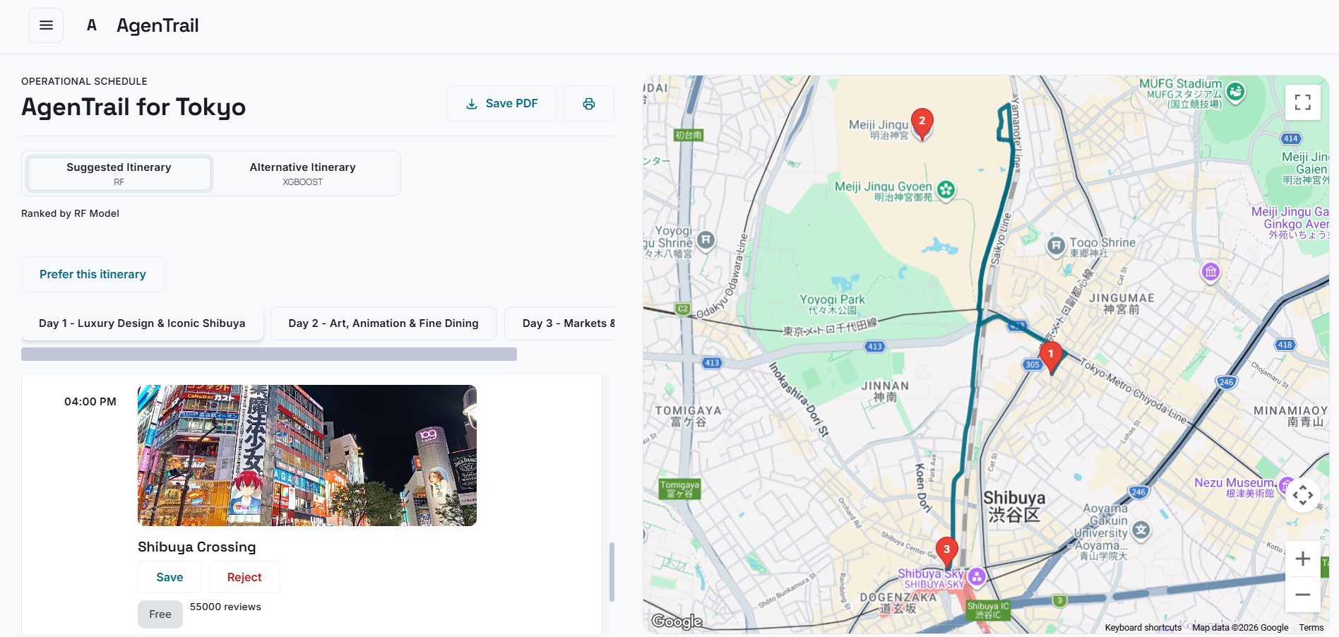 AgenTrail Tokyo itinerary with save and reject controls and route map